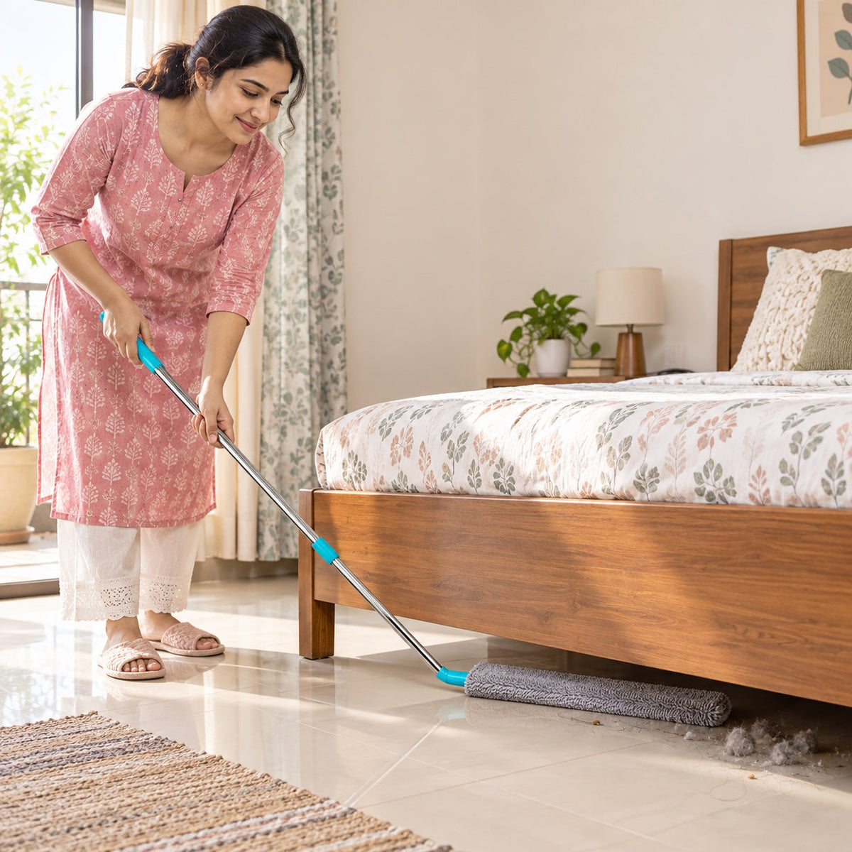 Indian woman cleaning under a bed with SafaiSakhi FlexReach