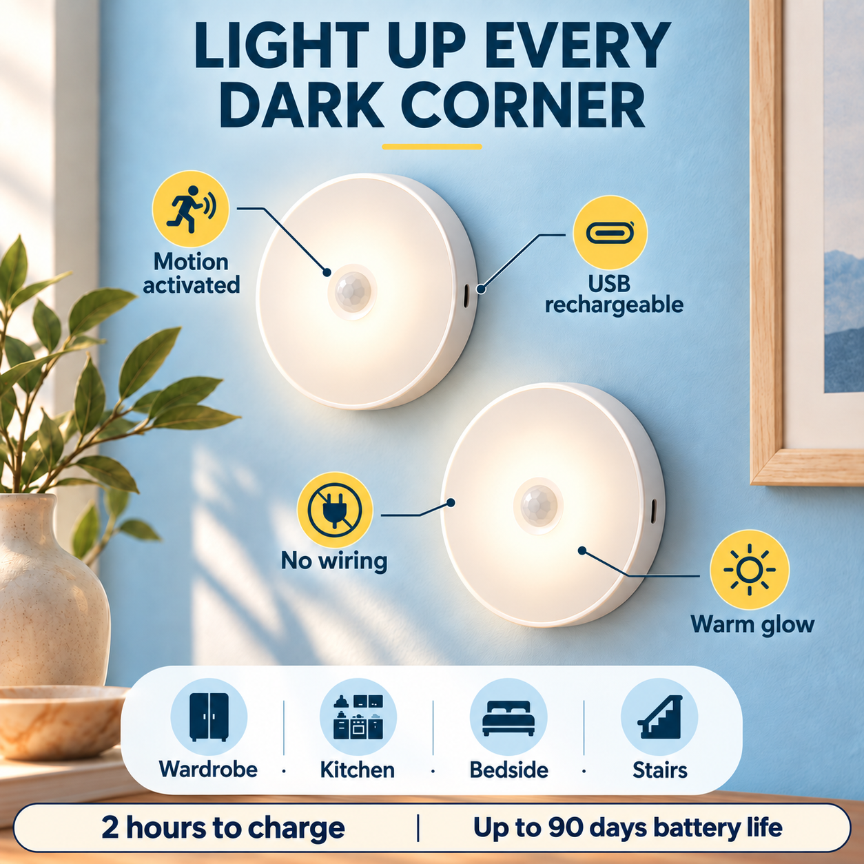 Lumos lights: motion activated, USB rechargeable, no wiring, warm glow. 2 hours to charge and up to 90 days battery life.
