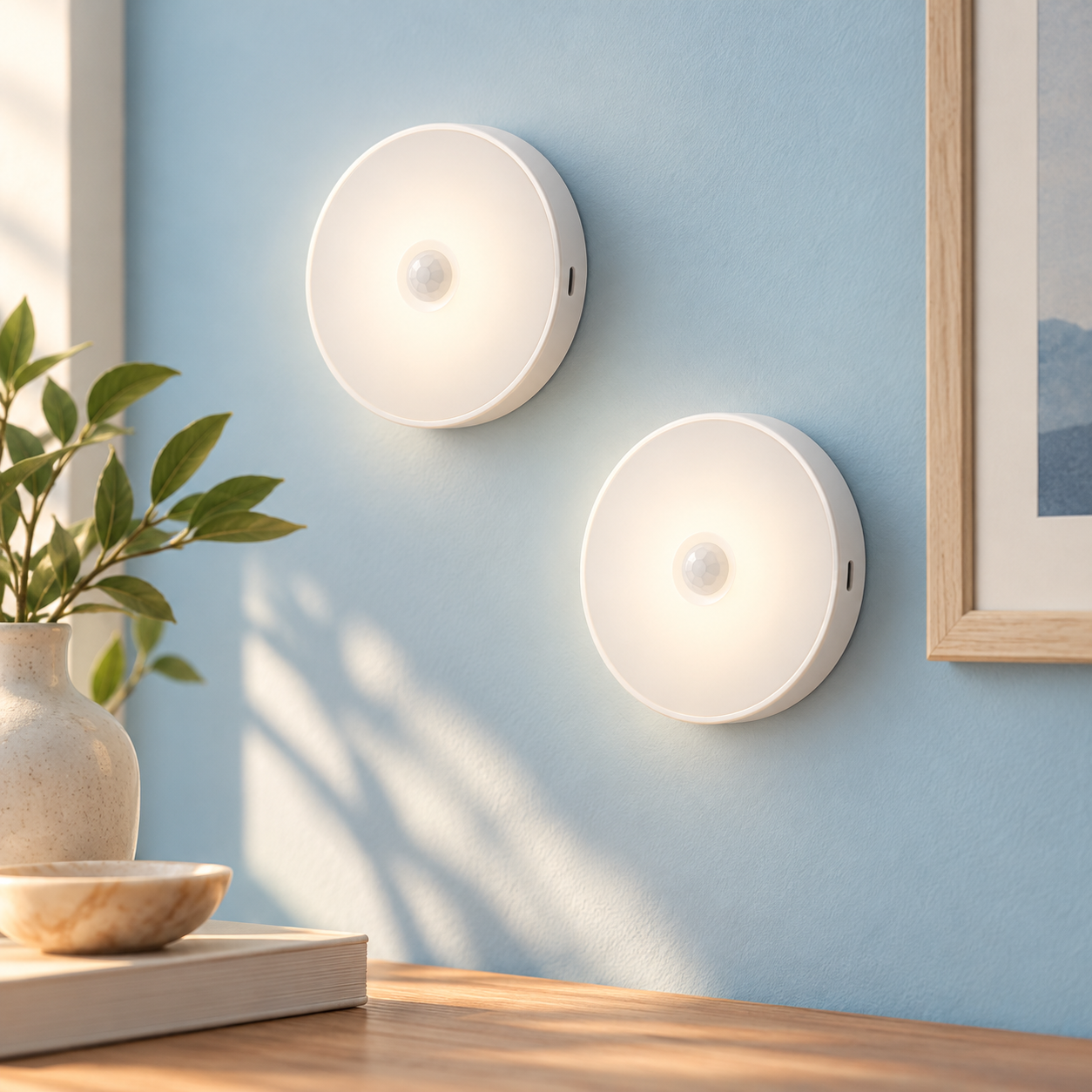 Lumos motion sensor lights on a blue wall