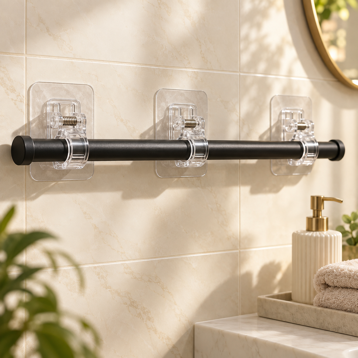 ClearHold curtain rod holders supporting a rod