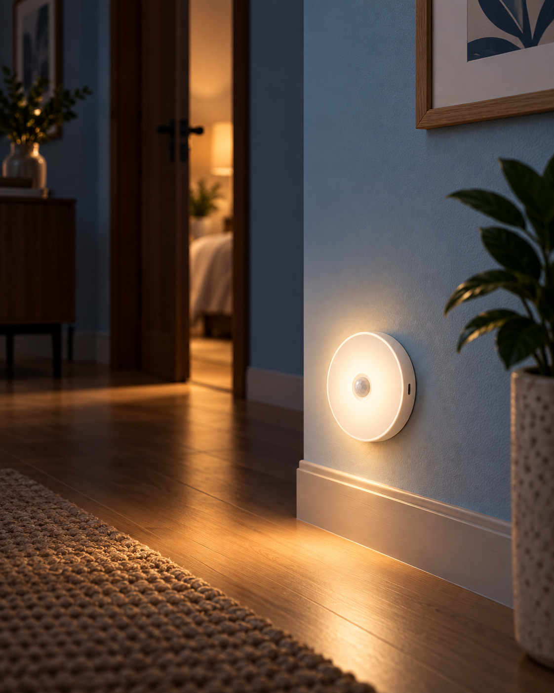 Motion sensor light illuminating a hallway
