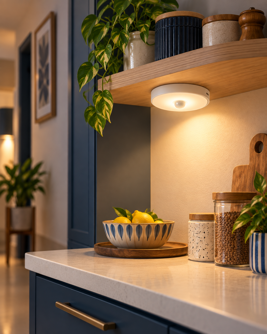 Motion sensor light mounted beneath a kitchen shelf